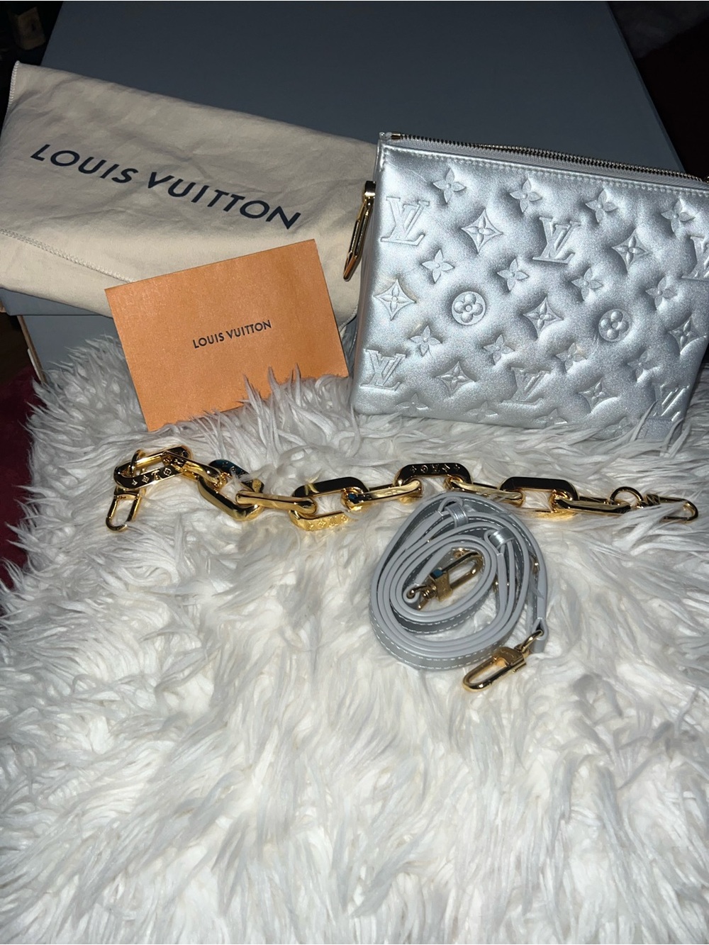 Louis Vuitton Silver Embossed Monogram Lambskin & Calfskin Coussin PM HandBag
